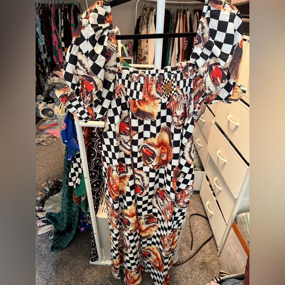 Checkered lion maxi dress dressed in LaLa